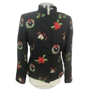 MAK New York Womens Embroidered Christmas jacket 6 mandarin collar black fitted